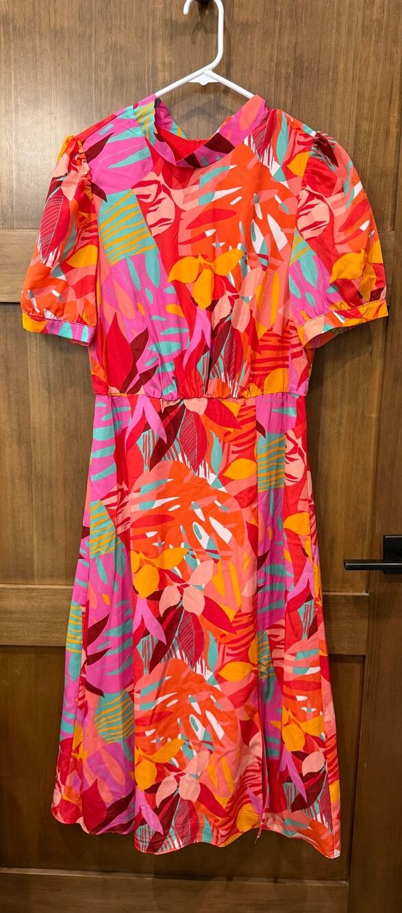 Julia Jordan Womens 8 Floral Print Mock Neck Midi Dress Puff Sleeve Pink Orange